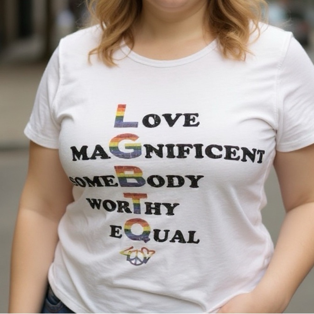 New LBGTQ‎ White t-shirt -- perfect for Pride!  -- XL, 1X, 2X